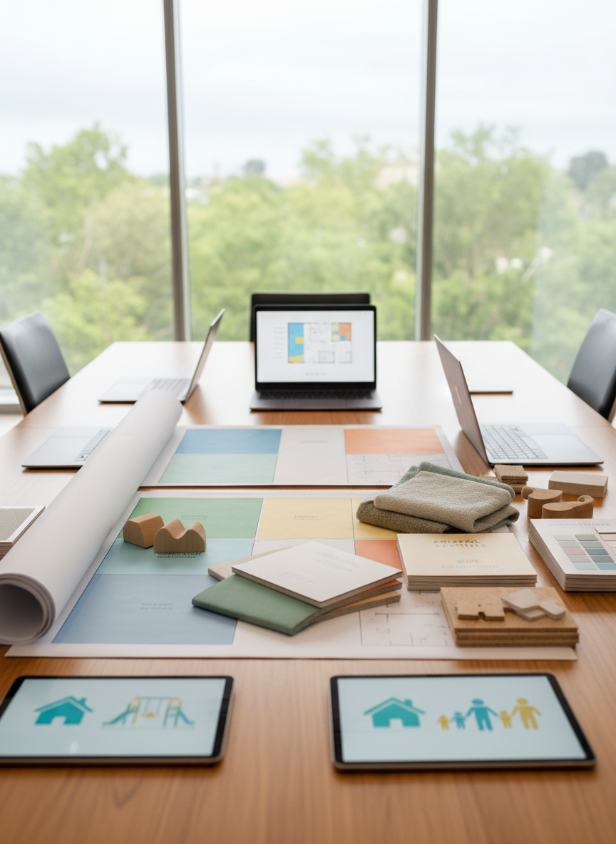 A polished wooden conference table in a bright, modern office, its surface scattered with open laptops, color-coded floor plans, and tablet screens showing icons of homes, playgrounds, and abstract family figures. Alongside, neatly stacked swatch books with soft, kid-friendly colors and tactile material samples suggest safe, welcoming environments. Large windows in the background reveal blurred greenery outside, with soft overcast daylight diffused across the room, creating even lighting and minimal shadows. Photographic realism at a slightly elevated angle captures the entire tabletop in sharp focus, while the background remains softly out of focus. The scene feels collaborative, clear, and optimistic, visually explaining a consulting session dedicated to designing spaces where families feel comfortable, understood, and eager to return.