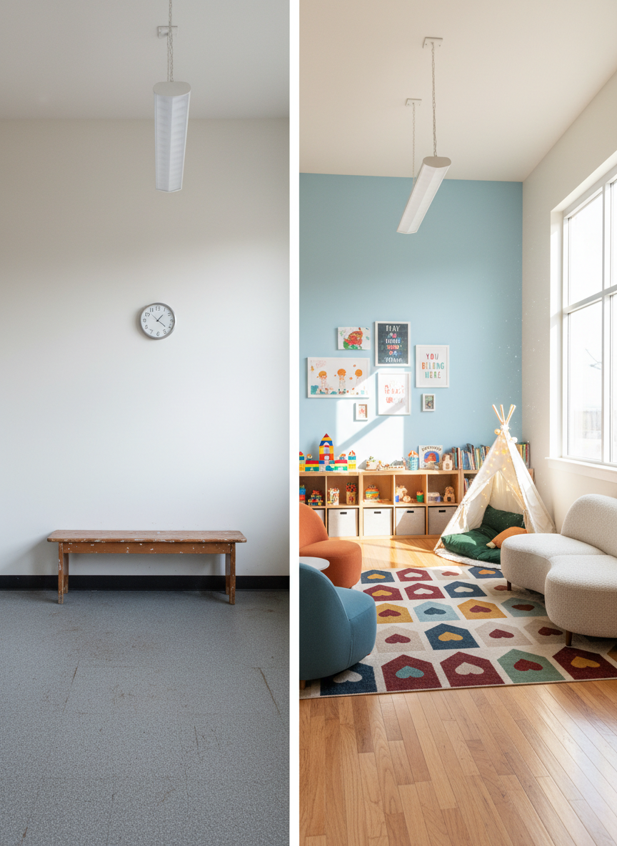 A freshly transformed family lobby space shown as a split scene: on one side, a sparsely decorated waiting area with a plain bench and dull walls; on the other, a vibrant, family-friendly version of the same room. The upgraded side includes soft, rounded furniture shapes, a colorful rug with abstract house and heart motifs, low shelves with neatly organized toys, and a cozy reading nook. Natural window light pours in from the right, highlighting the welcoming textures and warm wood surfaces. Photographic realism with a wide-angle, straight-on composition clearly contrasts before and after, conveying the impact of thoughtful consulting. The atmosphere feels playful and organized, suggesting a strategic yet fun redesign that better serves families.